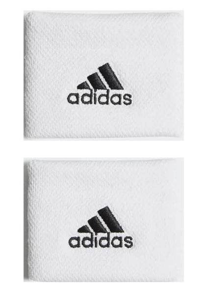 A pair of white Adidas Wristband Sweatband Small - White featuring the brand's iconic black logo. The design includes three diagonal stripes above the adidas name. These textured and soft, moisture-absorbing wristbands are perfect for staying dry on the court.