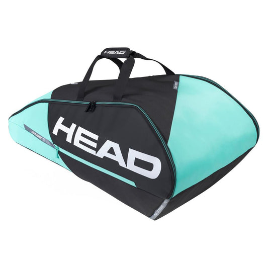 The HEAD Tour Team 9R Supercombi 9 Racket Badminton Bag in Black and Mint offers a spacious design with multiple compartments, sturdy black straps, and an ergonomic carry system for easy transportation.