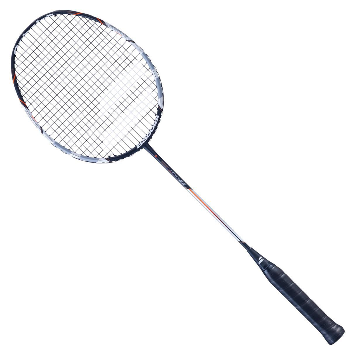 Introducing the Babolat I-Pulse Power Badminton Racket in Grey, ideal for all-round players. It boasts a sleek dark grip, a slender shaft, and an oval head with a crisscross string pattern. The metallic frame is adorned with subtle red and white accents and incorporates Optimum Kickpoint technology for enhanced power.