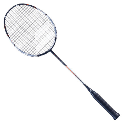 Introducing the Babolat I-Pulse Power Badminton Racket in Grey, ideal for all-round players. It boasts a sleek dark grip, a slender shaft, and an oval head with a crisscross string pattern. The metallic frame is adorned with subtle red and white accents and incorporates Optimum Kickpoint technology for enhanced power.