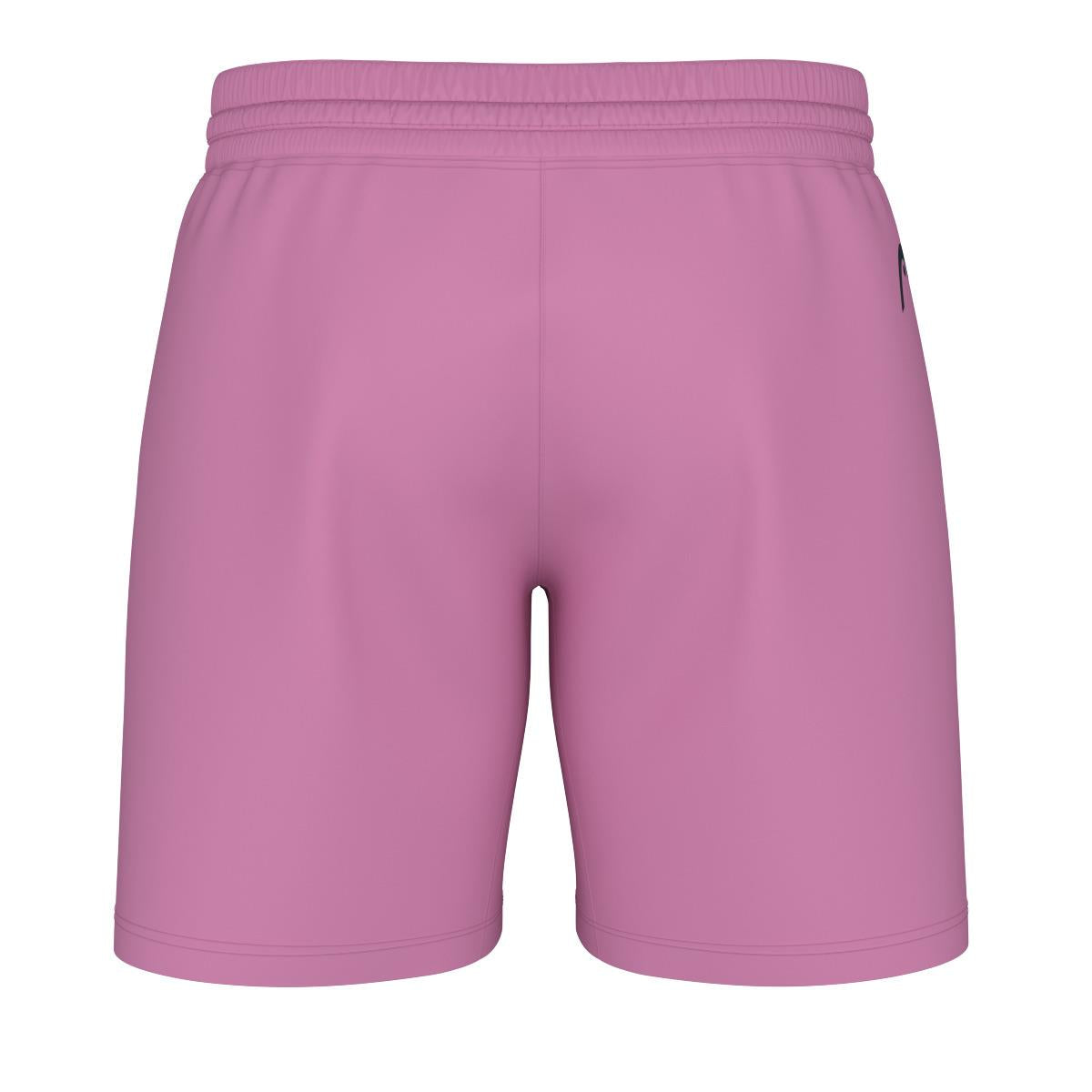 A pair of cyan pink HEAD Performance Men's Play Badminton Shorts features 4-way stretch fabric and an elastic waistband, complete with a small black zipper pocket on one side. These shorts utilize Moisture Transfer Microfiber technology, ensuring comfort and style.