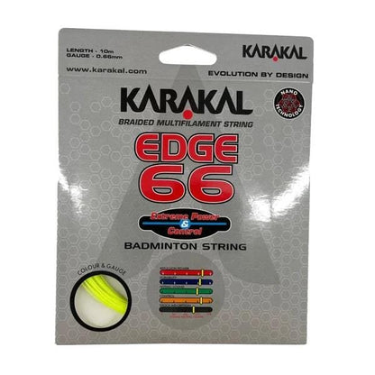 The packaging for the Karakal Edge 66 Badminton String in lime highlights a 10m length and a 0.68mm gauge, incorporating Nano Technology for enhanced performance. The design includes a color and gauge guide, emphasizes the extreme power core, and prominently features the phrase "Evolution by Design.