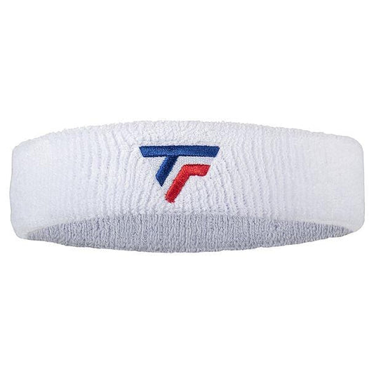 The Tecnifibre Headband in white boasts a textured surface with an elastic fit and a prominent blue and red "T" logo at the center, designed to fight perspiration effectively.