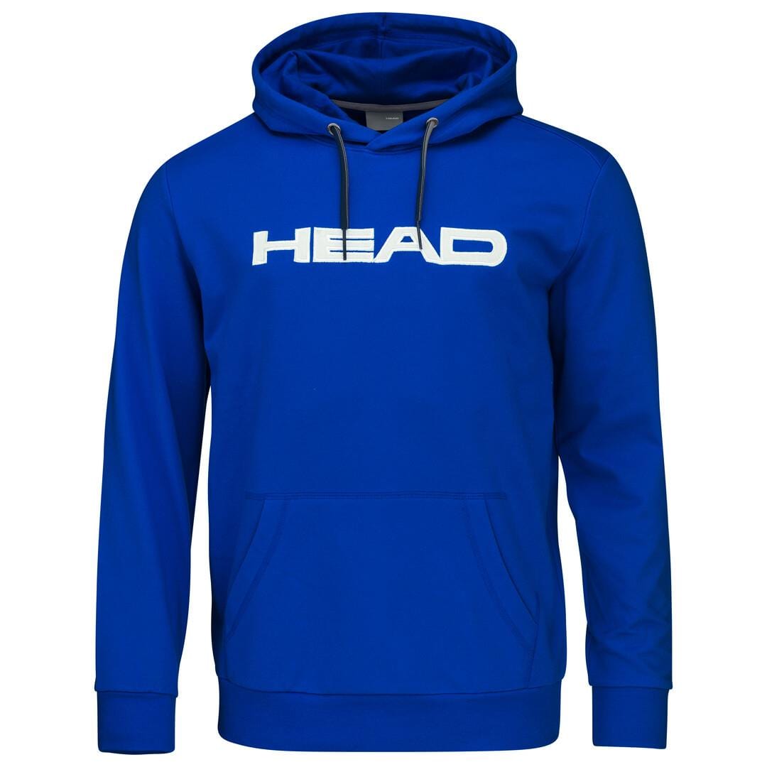 The HEAD Club Byron Men's Badminton Hoodie in Royal Blue, showcasing the iconic HEAD logo in white across the chest, is designed with a front pocket and a drawstring hood.