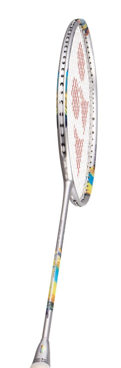 The Yonex Nanoflare 700 Game 4U Badminton Racket in Silver and Sky Blue is ideal for intermediate players, boasting a silver frame with vibrant color accents on the shaft. The netting features a red logo pattern, enhancing its sleek and modern design.