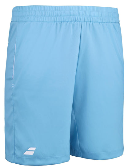 Crafted by Babolat, the Play Men's Badminton Shorts in Cyan Blue are designed for optimal movement with a 360 Motion fit. These athletic shorts, made from recycled polyester fabric, include an elastic waistband for added comfort. They are stylishly finished with a small white Babolat logo on the bottom left and a subtle side stripe design.