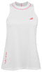 Introducing the Babolat Strike Women's Badminton Tank Top in white. This sleeveless design includes pink accents and is made from eco-friendly recycled polyester. It showcases a subtle logo on the left chest and artistic text along the left side.