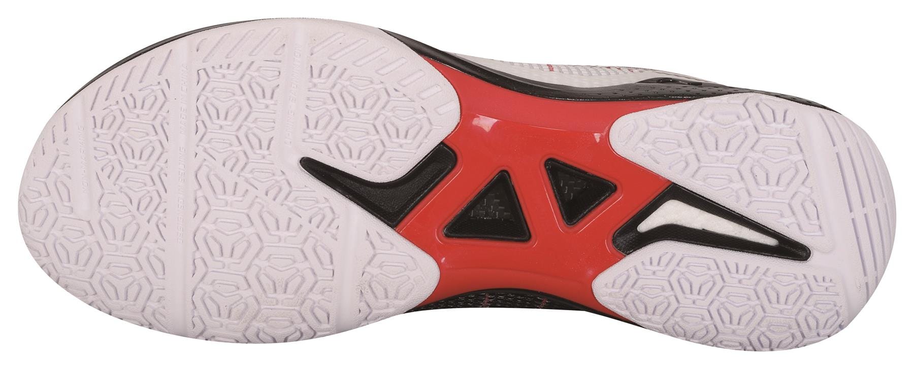 The image reveals the sole of the Li-Ning Thunder Men's Badminton Shoe in White/Black, featuring a complex white tread pattern with hexagonal and geometric shapes. A red triangular design is prominently displayed in the center, accompanied by small black accents, all enhanced by Bounce+ Technology for superior performance.