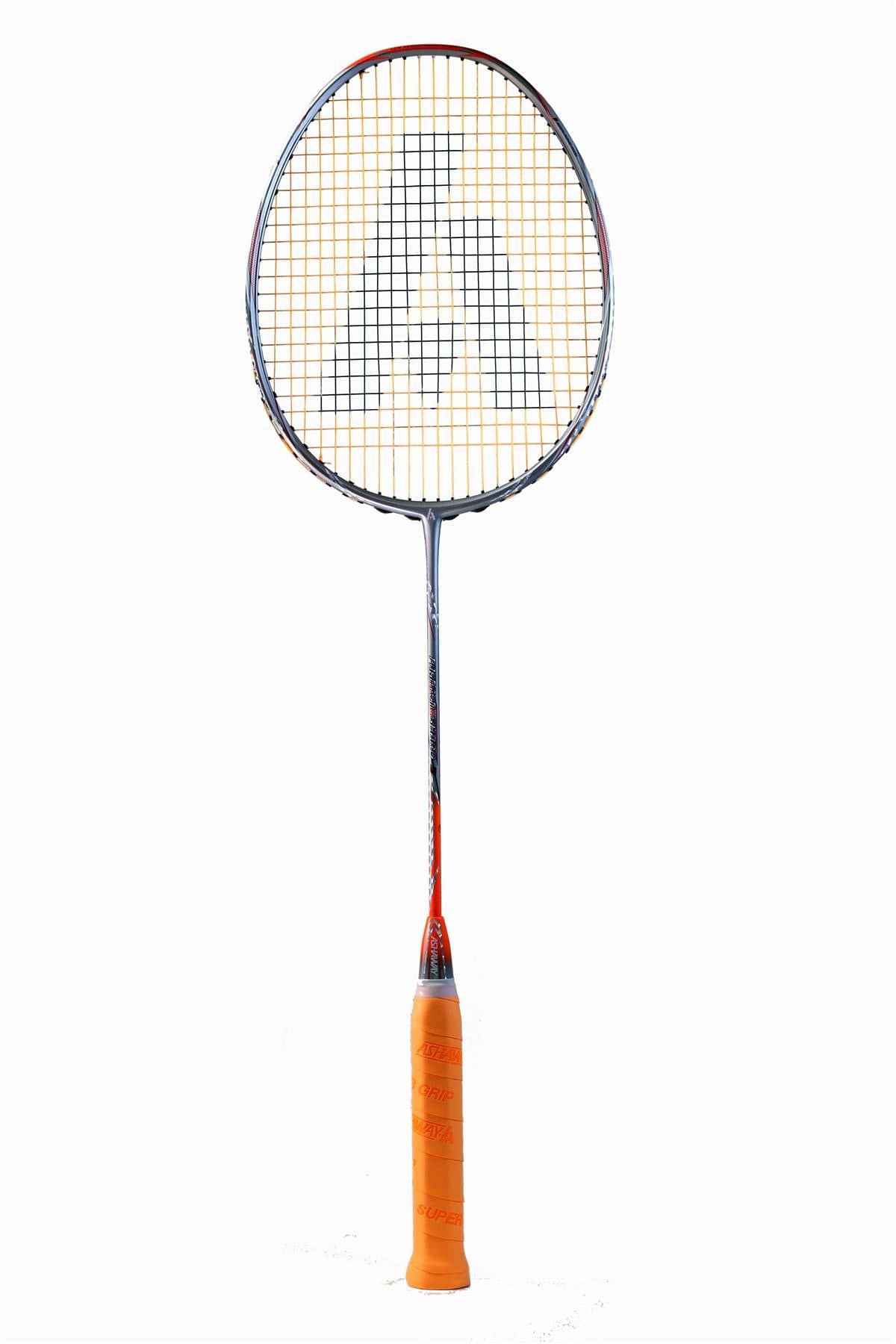 The Ashaway Phantom Shard 3 3U Badminton Racket features an orange handle and a white stringed head with a capital "A" design. Enhanced by Shardtech technology, this sleek Ashaway racket stands vertically on a white background, merging style with advanced performance.