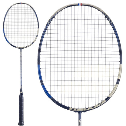 Close-up of a Babolat Satelite Master Badminton Racket - Navy Blue by Babolat, highlighting its black grip and a navy blue, white, and gray frame. The strings stand out against the combination of polished and matte finishes, engineered for optimum aerodynamics.