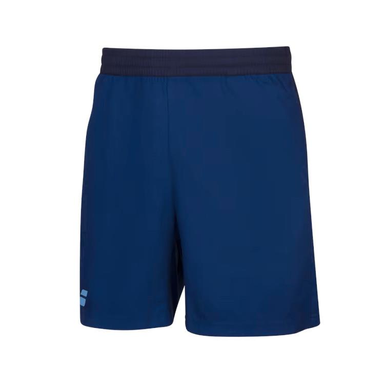 A pair of Babolat Play Men's Shorts in Estate Blue, featuring 360 Motion technology and a black elastic waistband. These shorts display a small white logo on the lower left leg and are crafted from Fiberdry fabric. They are shown against a plain white background.