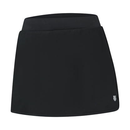 Introducing the K-Swiss Tac Hypercourt Pleated Badminton Skirt 4 in black, featuring a wide waistband and smooth seams. Made from 100D 4-Way Density Stretch fabric, this skirt delivers superior comfort with its sleek and simple design, accented by a small, subtle logo near the bottom hem on the right side.