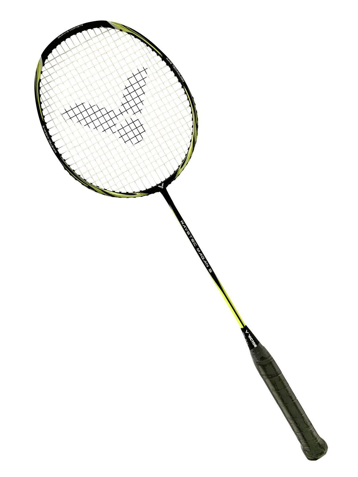 The Victor WaveTec Magan 5 Badminton Racket - Black / Yellow by Victor boasts a bold black and yellow frame paired with a sleek black handle, all constructed from robust graphite composite. Its strings create an elaborate design that resembles a stylized bird with open wings against a simple white backdrop.