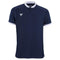 The Tecnifibre Men's Team Badminton Mesh Polo Shirt in marine blue showcases a subtle geometric pattern and ensures maximum breathability with its polyester mesh construction. It is designed with short sleeves and features white detailing on the collar and cuffs, along with a small white logo situated on the left chest.