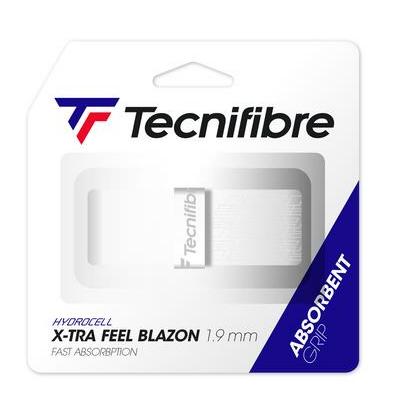 Packaging for the Tecnifibre X-Tra Feel Blazon Replacement Badminton Grip in white, featuring Hydrocell technology. The image shows a grip with "Tecnifibre" branding, marked as 1.9 mm, designed to provide fast absorption and precise control for an enhanced playing experience.