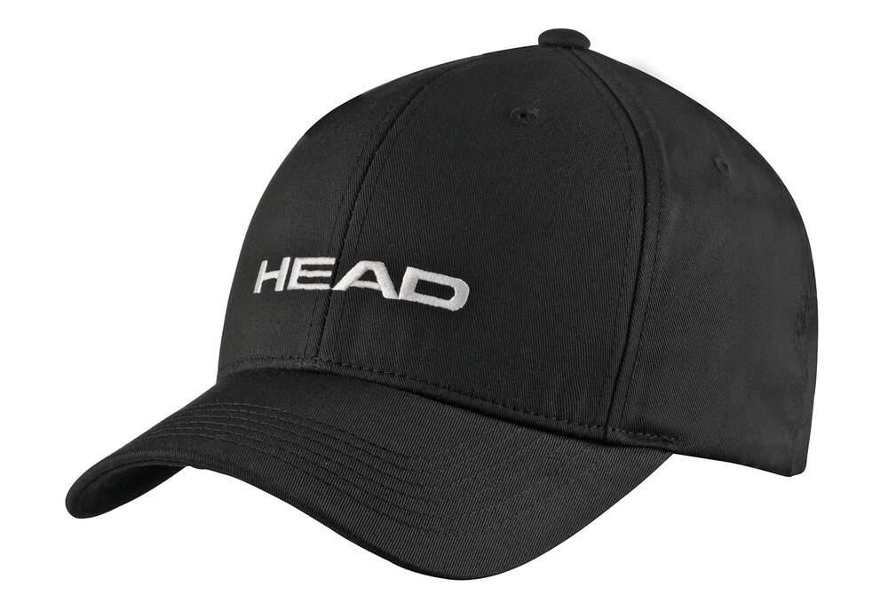 The HEAD Promotion Cap - Black from the brand HEAD features "HEAD" embroidered in white on the front. Made from premium cotton, it includes a velcro strap for easy adjustability.