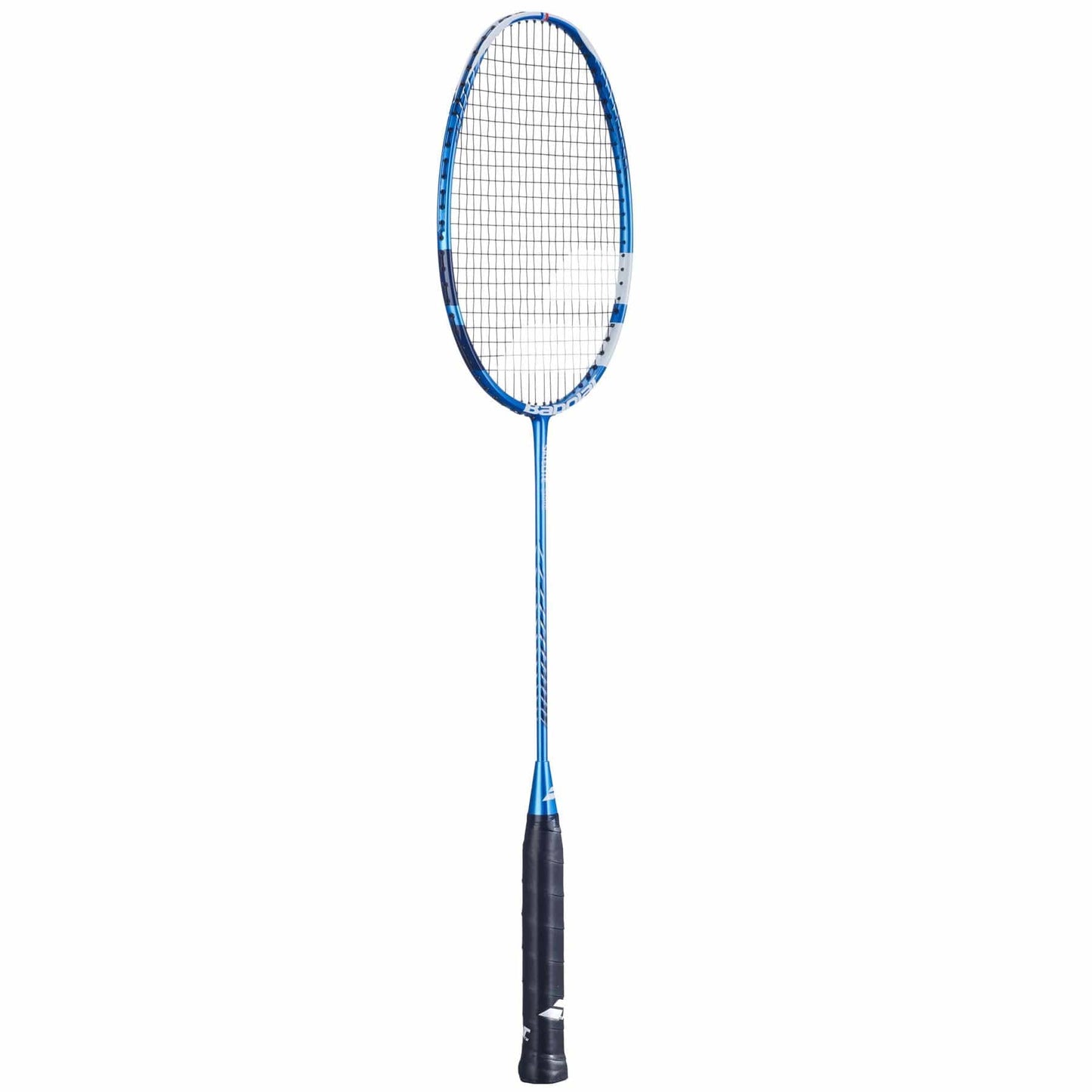 The Babolat Satelite Spire badminton racket, designed by Babolat, showcases a blue and black frame with a white string net and a stylish black grip handle, highlighted against a crisp white background. It features the innovative Shot Optimizer technology.