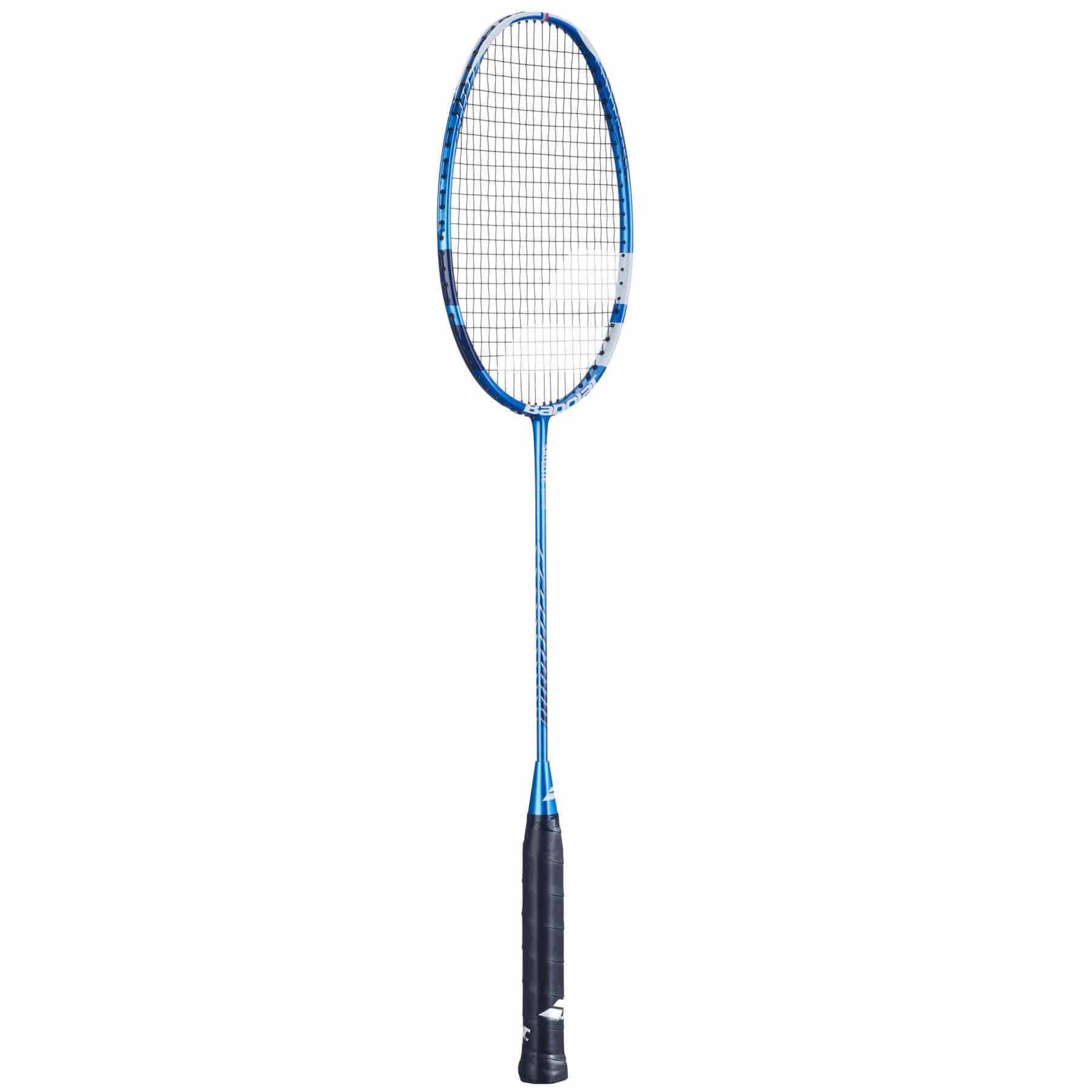 The Babolat Satelite Spire badminton racket, designed by Babolat, showcases a blue and black frame with a white string net and a stylish black grip handle, highlighted against a crisp white background. It features the innovative Shot Optimizer technology.