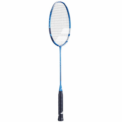 The Babolat Satelite Spire badminton racket, designed by Babolat, showcases a blue and black frame with a white string net and a stylish black grip handle, highlighted against a crisp white background. It features the innovative Shot Optimizer technology.