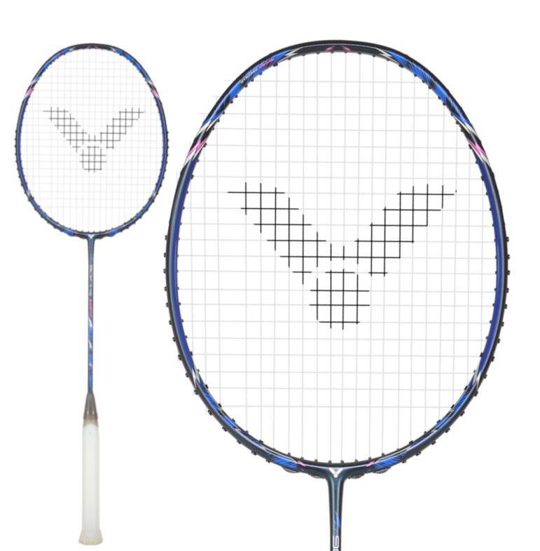 A Victor Auraspeed 90K II TD 3U badminton racket by Victor, in a midnight blue and black color scheme with a white grip. The strings display a black "V" logo pattern featuring a geometric design, incorporating Dynamic Sword technology. Presented in both a full view and an up-close view of the head.