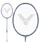 A Victor Auraspeed 90K II TD 3U badminton racket by Victor, in a midnight blue and black color scheme with a white grip. The strings display a black "V" logo pattern featuring a geometric design, incorporating Dynamic Sword technology. Presented in both a full view and an up-close view of the head.