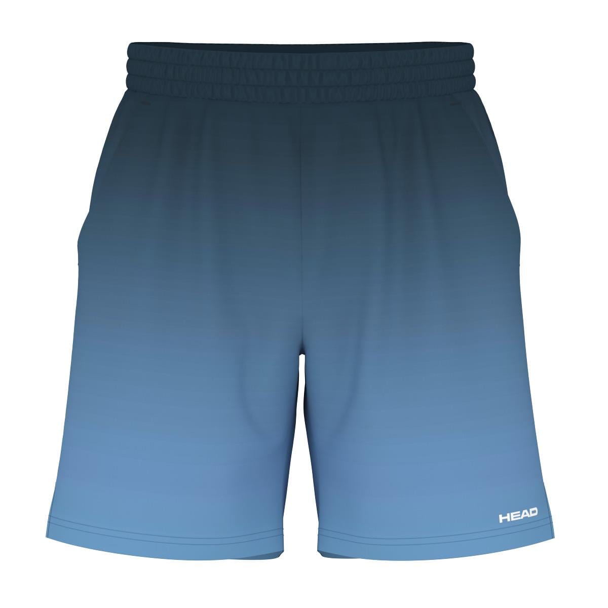 These HEAD Vision Power II Mens Badminton Shorts in Navy/Blue feature a blue gradient design with an elastic waistband and 4-way stretch for unmatched flexibility. The "HEAD" logo is displayed on the bottom right, and they incorporate Moisture Transfer Microfiber technology to ensure you stay cool and dry.