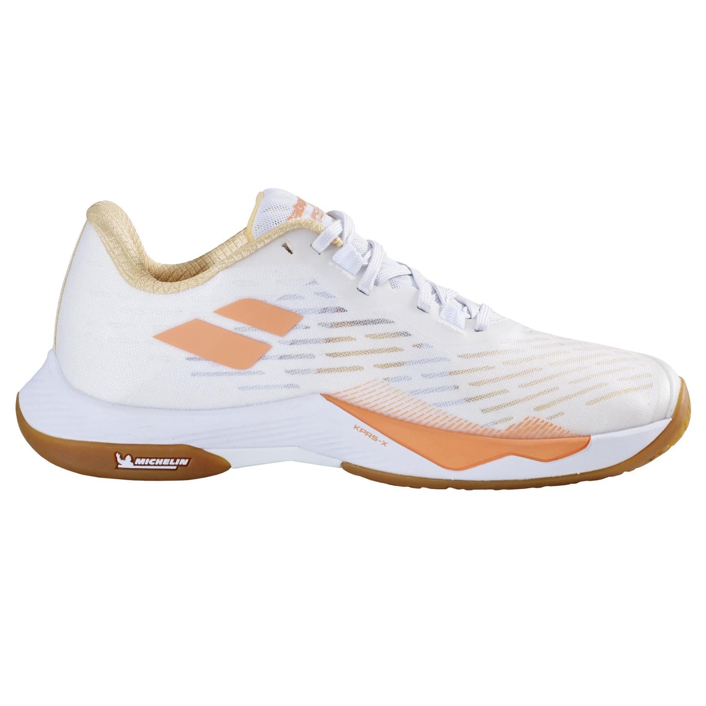 The Babolat Shadow Tour 5 Women's Badminton Shoes in white and yellow boast a distinctive logo on the side. These lightweight shoes are designed with a gum sole and mesh upper for breathability, providing excellent support on the court.