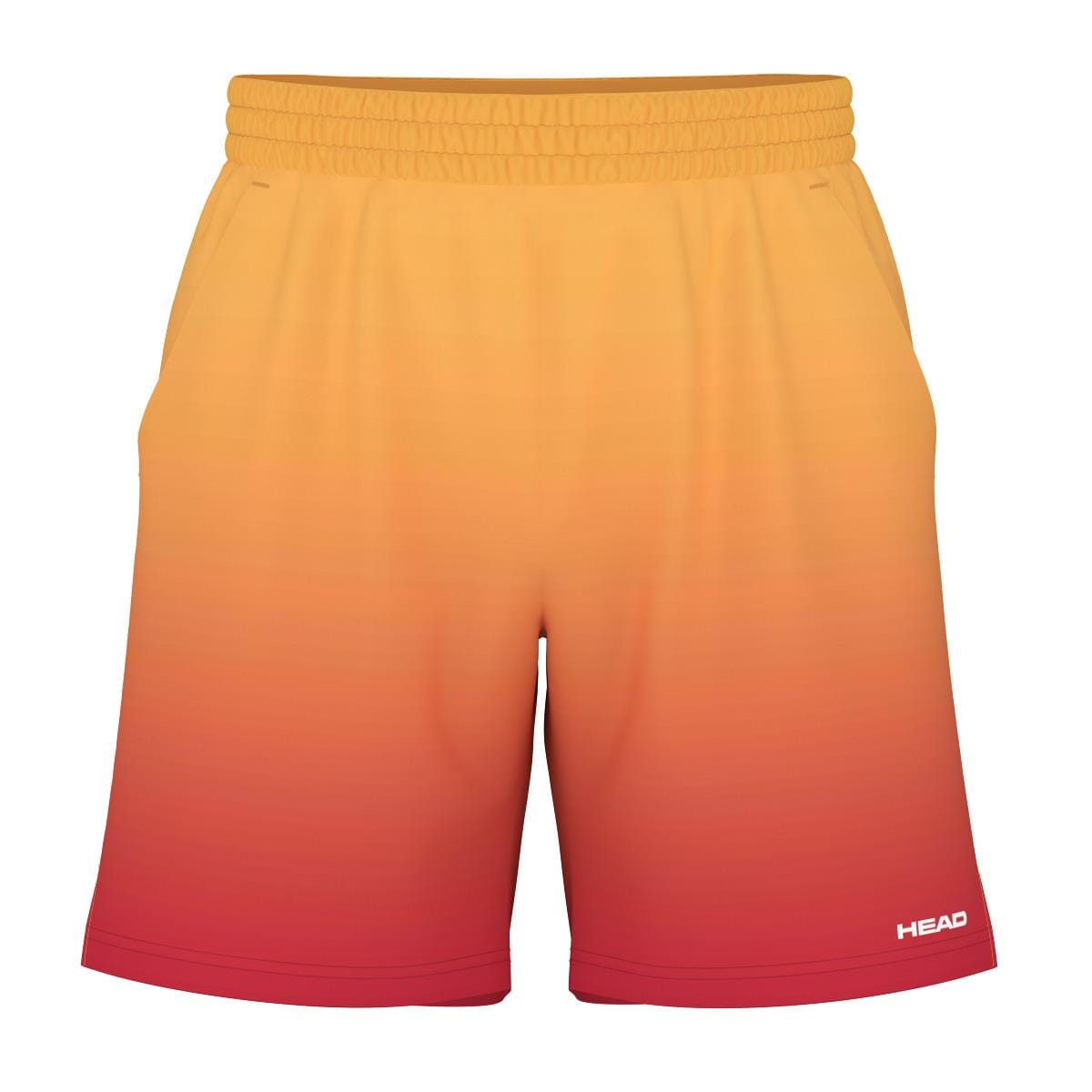 The HEAD Vision Power II Men's Badminton Shorts showcase a gradient design that shifts from yellow at the waist to red at the hem. Constructed with 4-way stretch and moisture-wicking microfiber, these shorts provide excellent flexibility and comfort. An elastic waistband and a subtle HEAD logo near the bottom enhance the overall look.