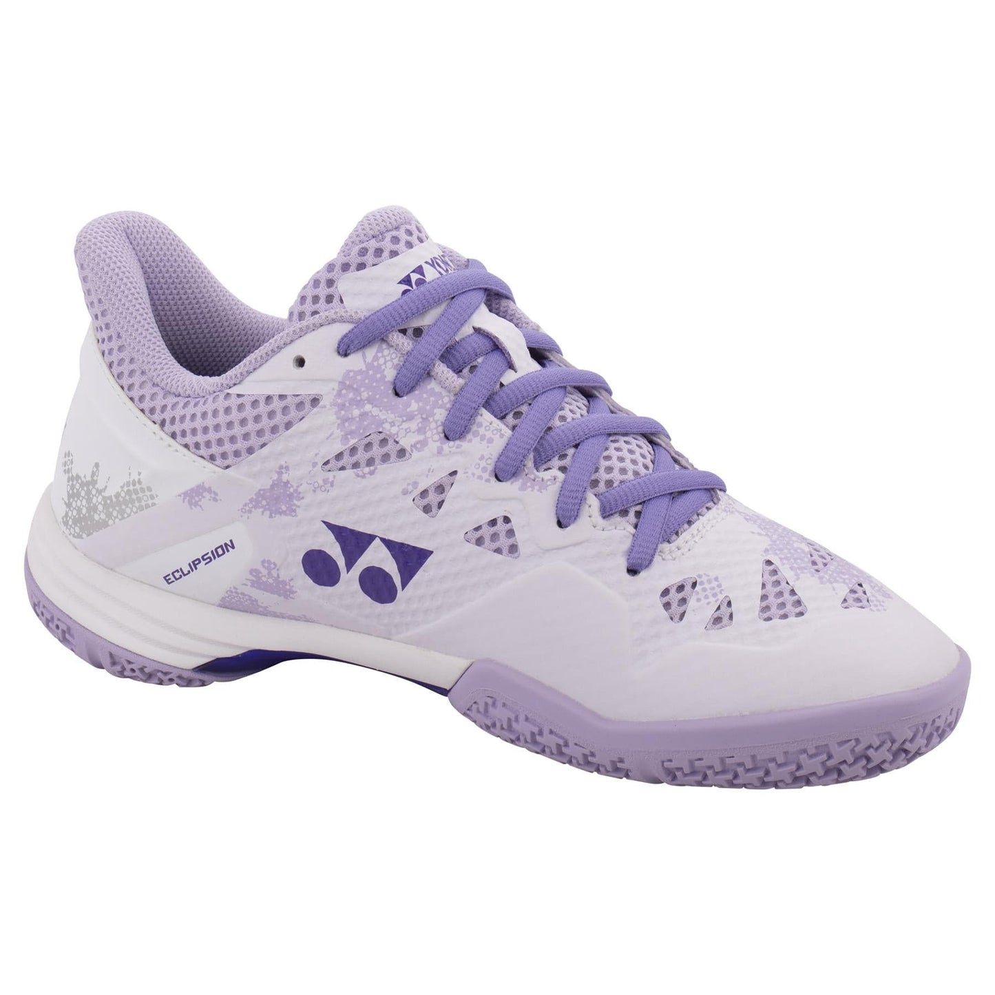 These fashionable Yonex Power Cushion Eclipsion Z3 Women's Badminton Shoes feature a white and purple color scheme, inspired by their renowned cushioning technology. The shoes showcase a geometric design with purple laces and a textured sole, perfectly blending aesthetic appeal with superior cushioning and repulsion for exceptional performance.