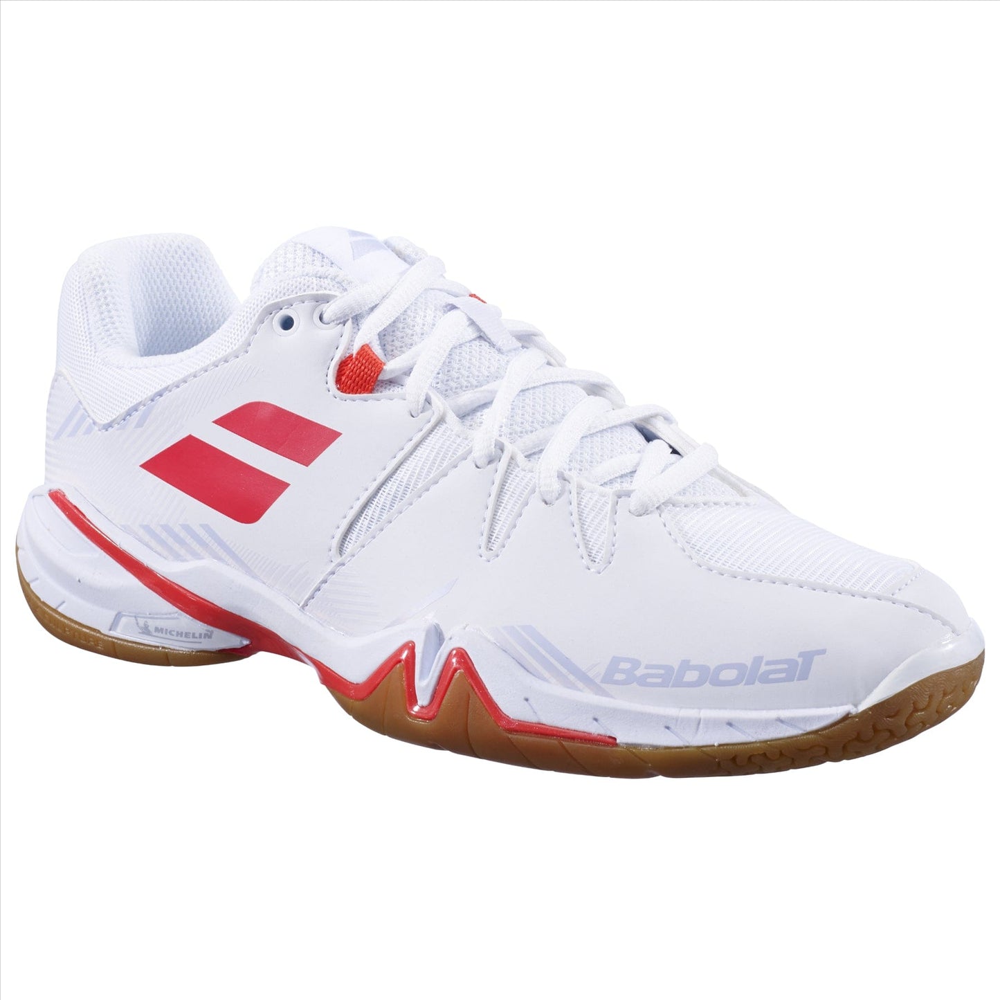 The Babolat Shadow Spirit 2023 Women's Badminton Shoes showcase a stylish design with a white athletic appearance, complemented by lavender accents and a gum sole. Constructed from mesh and synthetic materials, branding details are prominently featured on the sides and toe area. Perfect for sports or active wear, these shoes offer exceptional heel cushioning for added comfort.