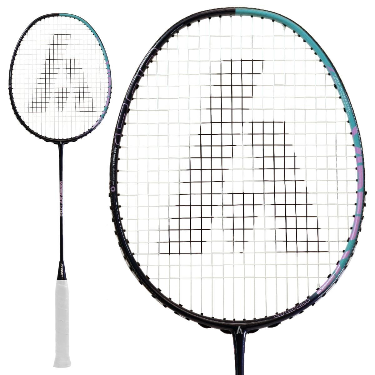 A blue and purple badminton racket, the Ashaway Viper XT 1700, is showcased against a white background. It features white strings with a logo pattern and boasts Viper Weave technology. The handle is wrapped in white grip tape and includes a close-up view of the X-Treme Tension Frame.