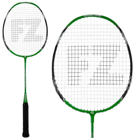 The FZ Forza Dynamic 6 Junior Badminton Racket in bright green, from the brand FZ Forza, is an ideal starter racket with its green frame and black grip. The strings are boldly marked with the letters "FZ." The image displays its head-heavy balance from both a front-facing view and a slightly angled perspective.