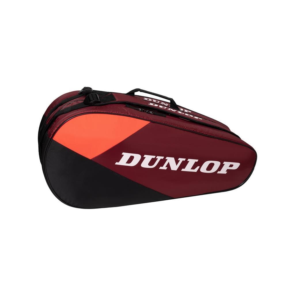 The Dunlop CX Club 10 Badminton Racket Bag in black and red offers a spacious zippered compartment and a convenient carrying strap, making it ideal for all your gear.