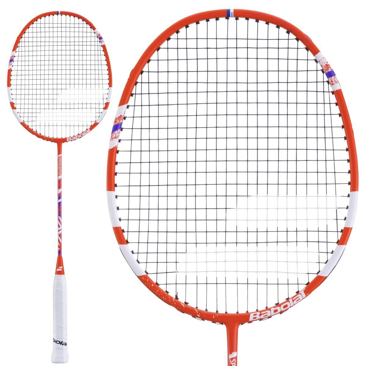 The Babolat Speedlighter Badminton Racket - Red, from the Junior range, features a striking black string pattern and a white grip handle. This elegant racket by Babolat is presented in two views: a full display and a close-up of the head.