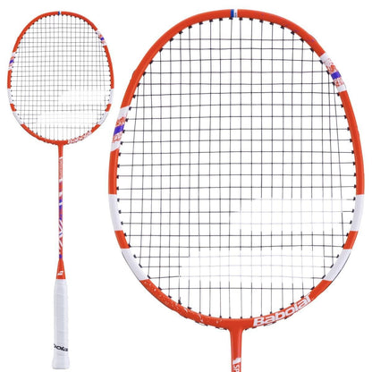 The Babolat Speedlighter Badminton Racket - Red, from the Junior range, features a striking black string pattern and a white grip handle. This elegant racket by Babolat is presented in two views: a full display and a close-up of the head.