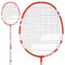 The Babolat Speedlighter Badminton Racket - Red, from the Junior range, features a striking black string pattern and a white grip handle. This elegant racket by Babolat is presented in two views: a full display and a close-up of the head.