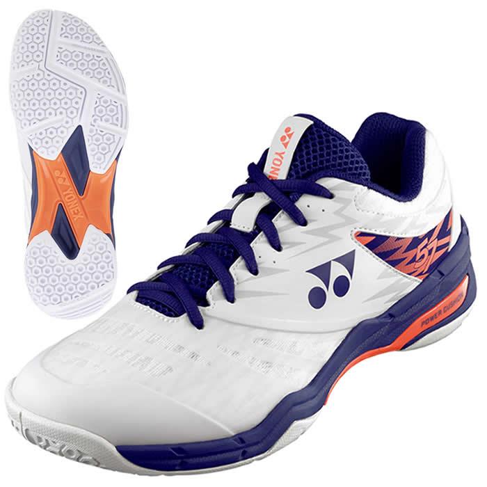 Explore the Yonex Power Cushion 57 Men's Badminton Shoes in white with neon orange accents. These dynamically designed shoes proudly display the Yonex brand logos and are equipped with shock absorption technology, along with a unique tread pattern on the sole to ensure maximum grip on the court.