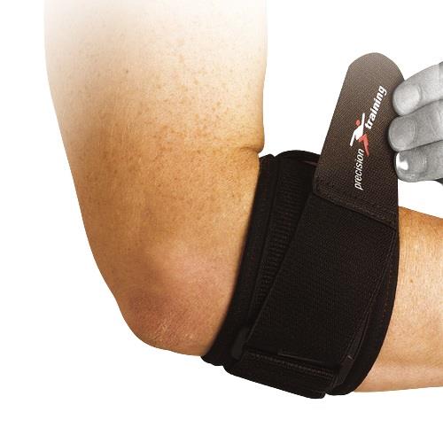 A person adjusts a black Precision Neoprene Tennis Elbow Strap, featuring the "Precision" logo in white and red text.