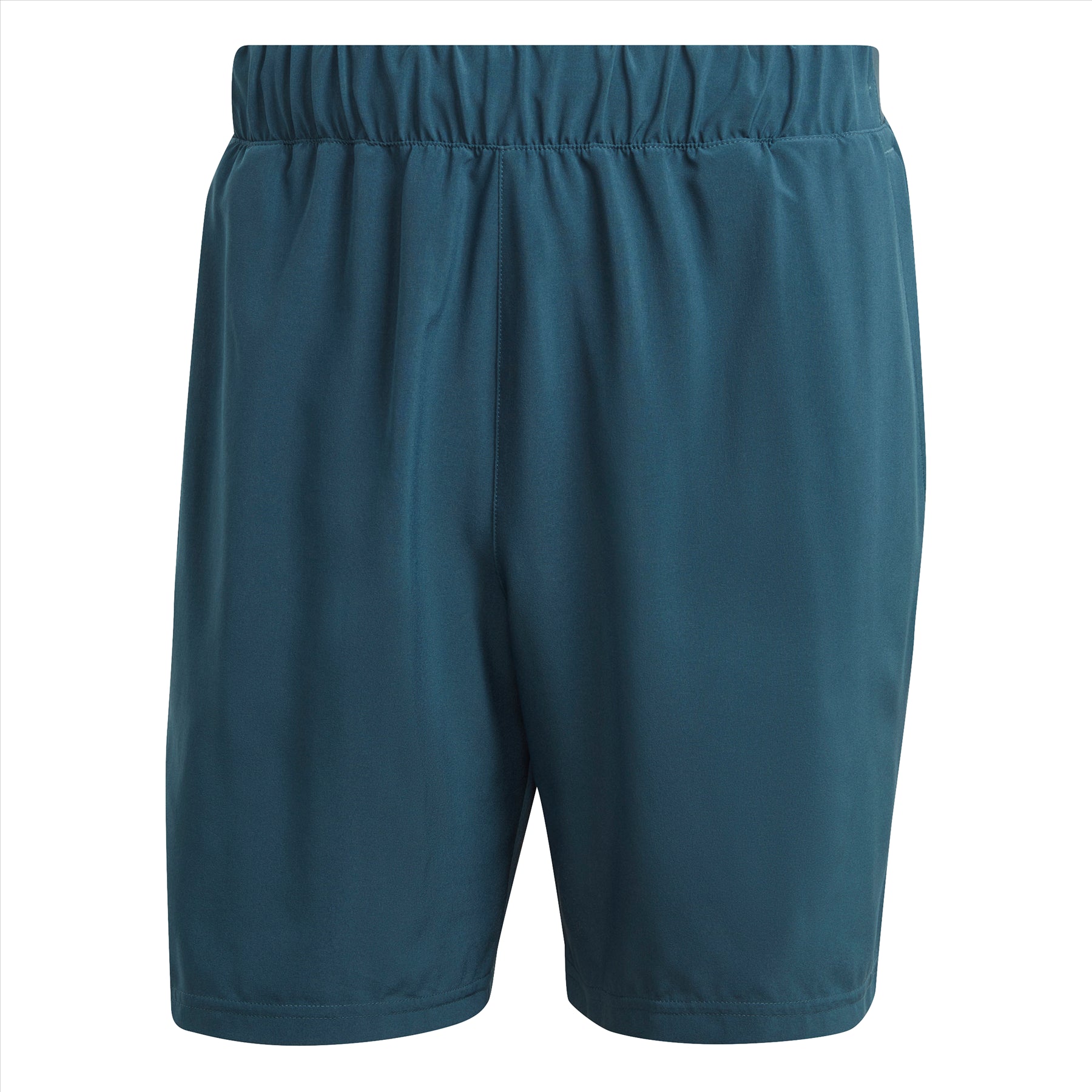 A pair of adidas Club Stretch Woven 7" Men's Badminton Shorts in green, featuring an elastic waistband and AEROREADY technology, displayed against a plain white background.