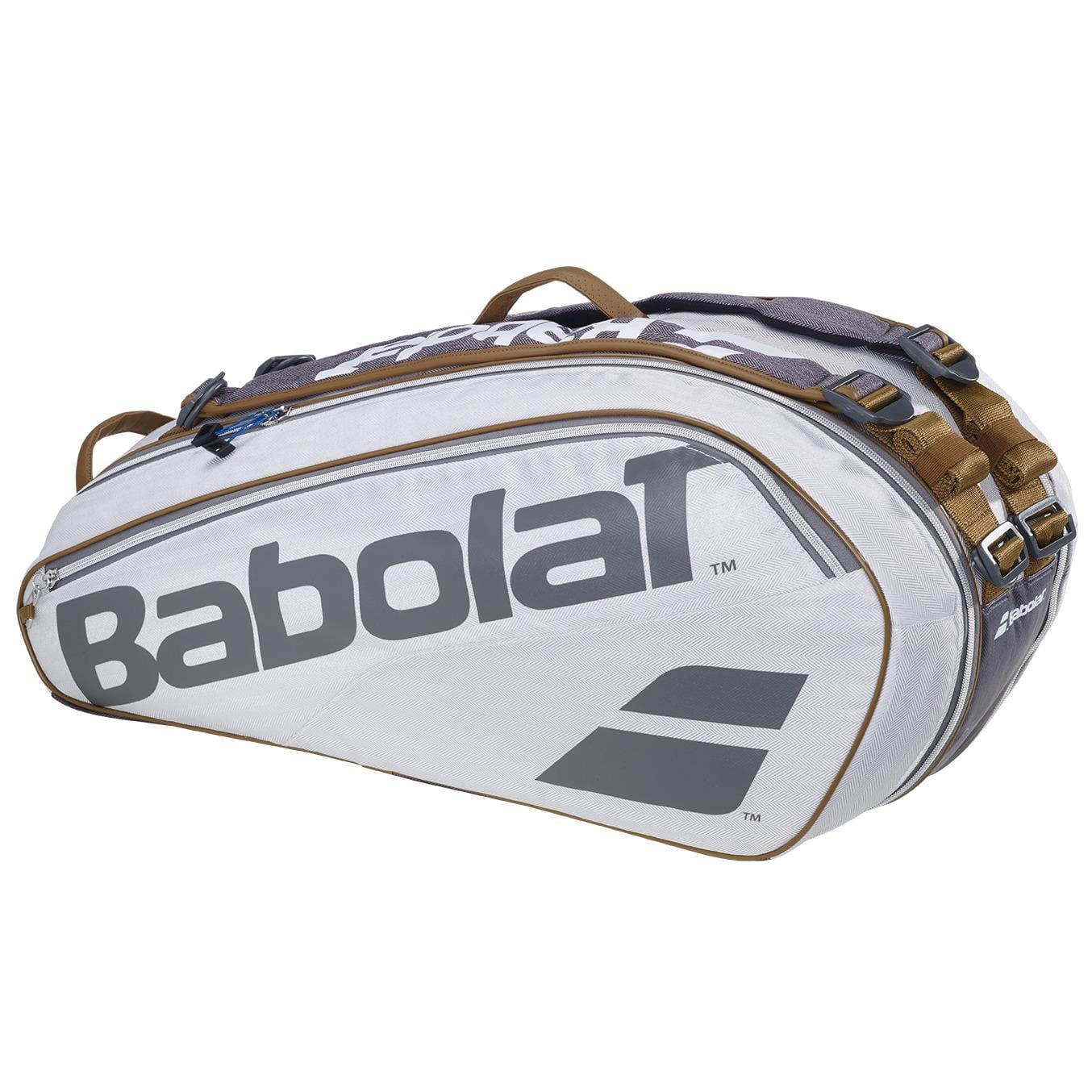 A spacious Babolat RH6 Pure Wimbledon 6 Racket Badminton Bag in grey, featuring the brand logo prominently. Tailored for tennis players, it offers multiple compartments and durable handles, making it ideal for transporting all your gear in this stylish bag.