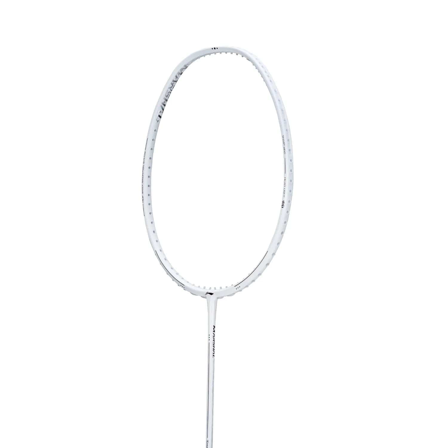 A Li-Ning Turbo Charging Marshal 4U badminton racket in white, featuring a simple and minimalist design on a plain white background, offers power and control.