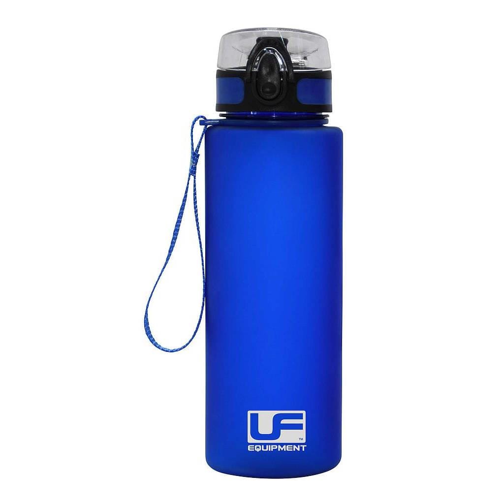 Introducing the Urban Fitness Flow Flip Lid 700ml Water Bottle in Ocean Blue. Made from food-grade plastic, this bottle features a black flip-top lid with a clear cover and includes a convenient carrying strap on the side. It proudly displays the white "Urban Fitness" logo on the front and is dishwasher safe for effortless cleaning.