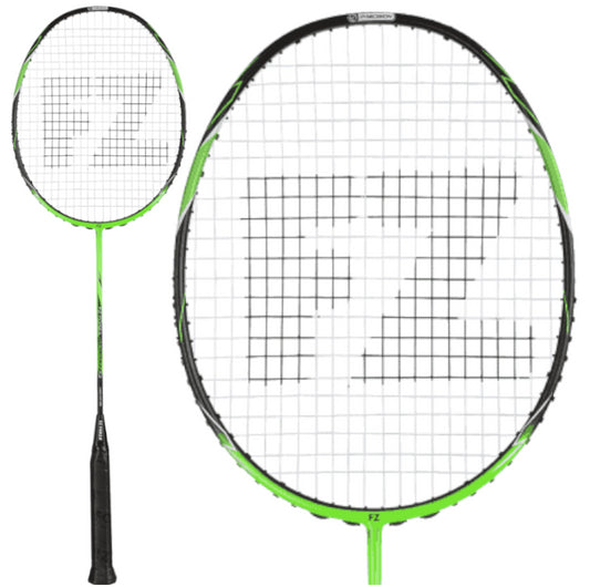 The FZ Forza Precision X3 Badminton Racket in bright green, crafted by FZ Forza with ultra high modulus graphite for enhanced durability, features a mesh string pattern adorned with "FZ." Its design emphasizes the racket's head and handle, showcasing a sleek and vibrant color scheme.