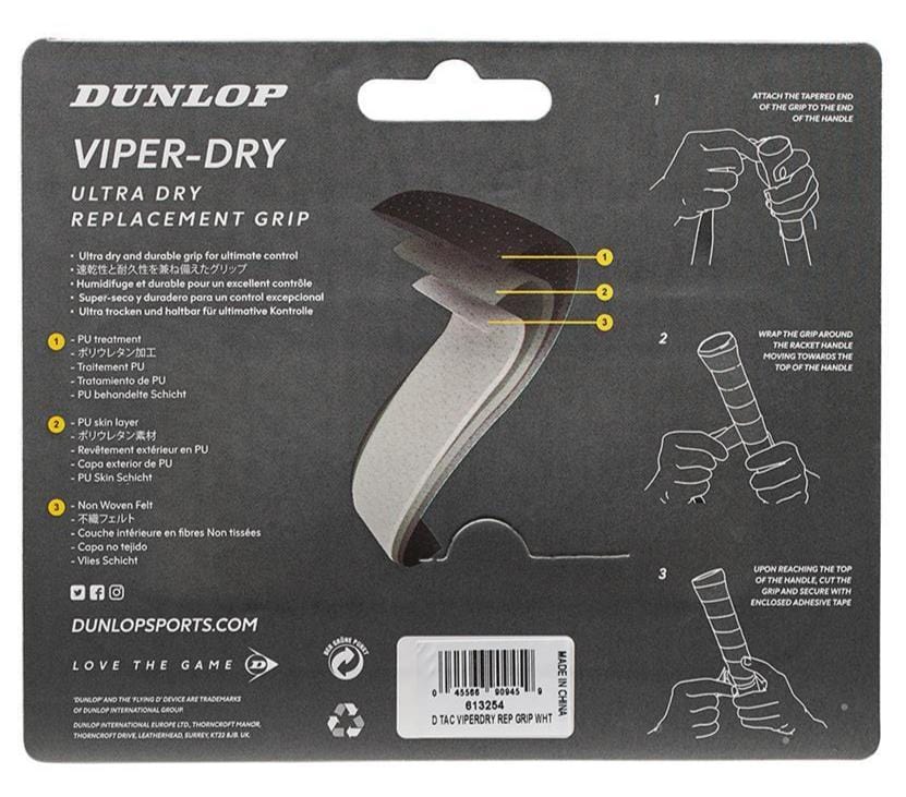 The packaging for the Dunlop Viper-Dry Replacement Badminton Grip - White emphasizes its ultra-dry grip and exceptional durability. It features illustrated instructions for attaching, wrapping, and securing the grip to a racket handle, specifically designed to absorb perspiration effectively. The product code and barcode can be found at the bottom.