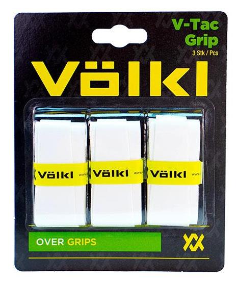 The packaging of the Volkl V-Tac Badminton Overgrip - 3 Pack - White features three white overgrips set against a sleek black background. The brand name "Volkl" is prominently presented in large yellow letters along with "V-Tac Grip," "3 Stk/Pcs," highlighting their highly tacky, ultra-thin design, each grip adorned with "Volkl" on yellow bands.