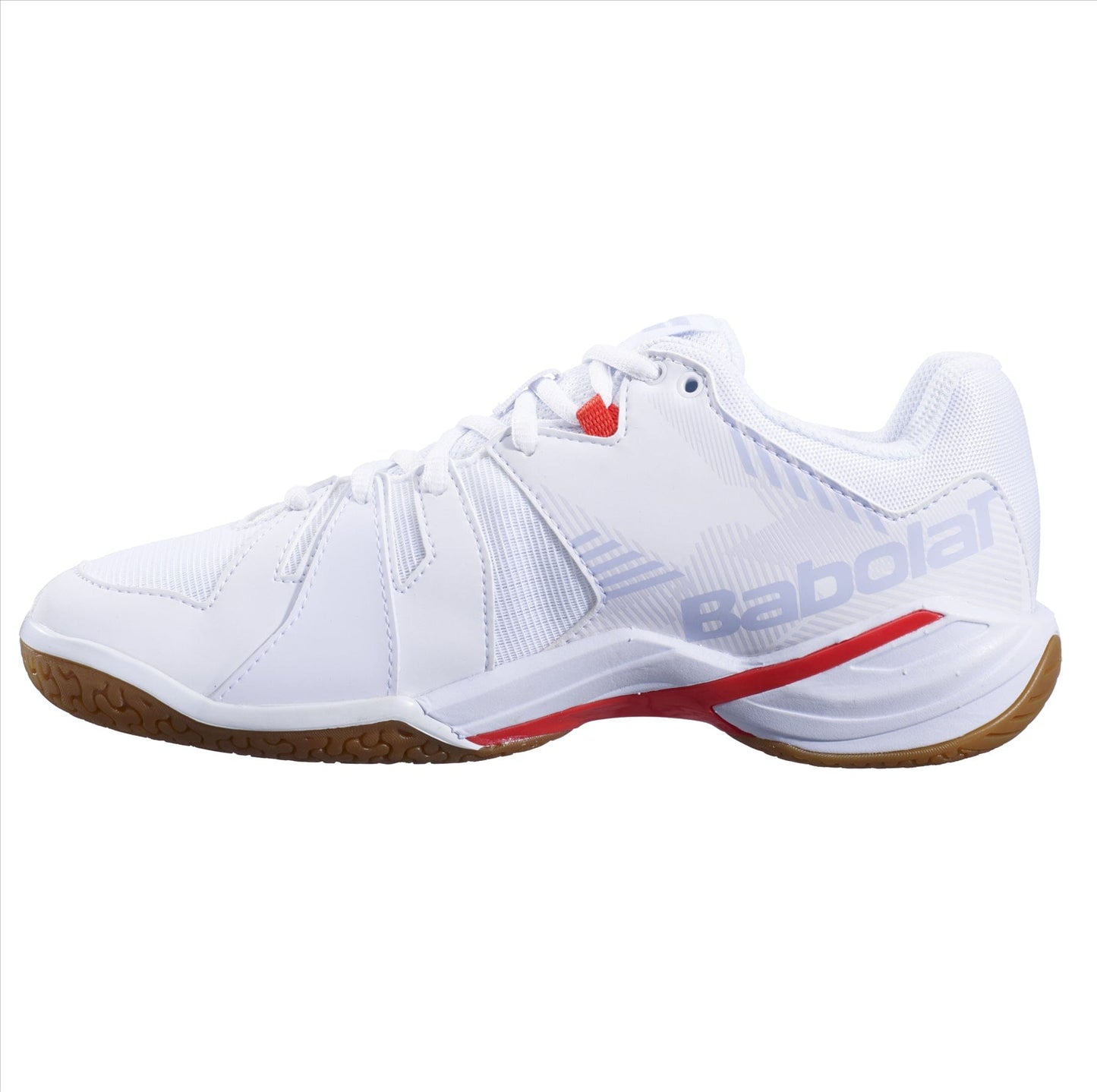 The Babolat Shadow Spirit 2023 Women's Badminton Shoes in White/Lavender feature a stylish athletic design with a white upper and textured details. The brand name "Babolat" is prominently displayed on the side, and the shoes are equipped with a gum-colored sole. These shoes are designed for sports like badminton and include exceptional heel cushioning for enhanced performance.