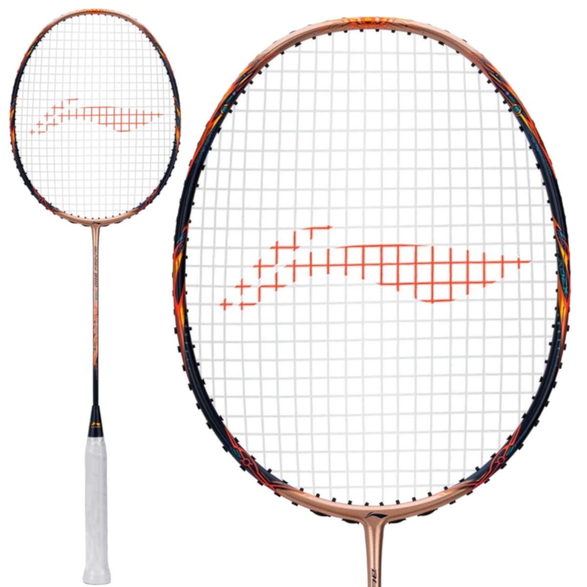 The Li-Ning BladeX 900 Sun Max 4U Badminton Racket set includes two rackets, one designed for comprehensive performance and the other emphasizing precision in its control head. These rackets have a white string pattern adorned with an orange logo. Their frames are predominantly rose gold, accented with black and orange details, providing a responsive playing experience.