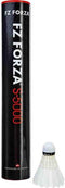 A tall black tube labeled "FZ Forza S-5000" stands upright beside a single white shuttlecock with a black band marked "FZ Forza," celebrated for its outstanding flight performance.