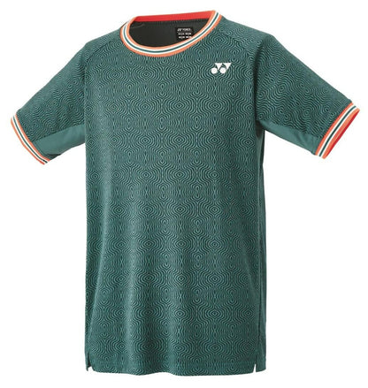 The Yonex 10560 Men's Badminton T-Shirt in Olive Green is a perfect choice for any performance tournament. It features a wavy line pattern, accented by red and white stripes around the collar and cuffs, with a small white logo on the upper left chest. Made from moisture-wicking fabric, it ensures you stay cool during intense matches.