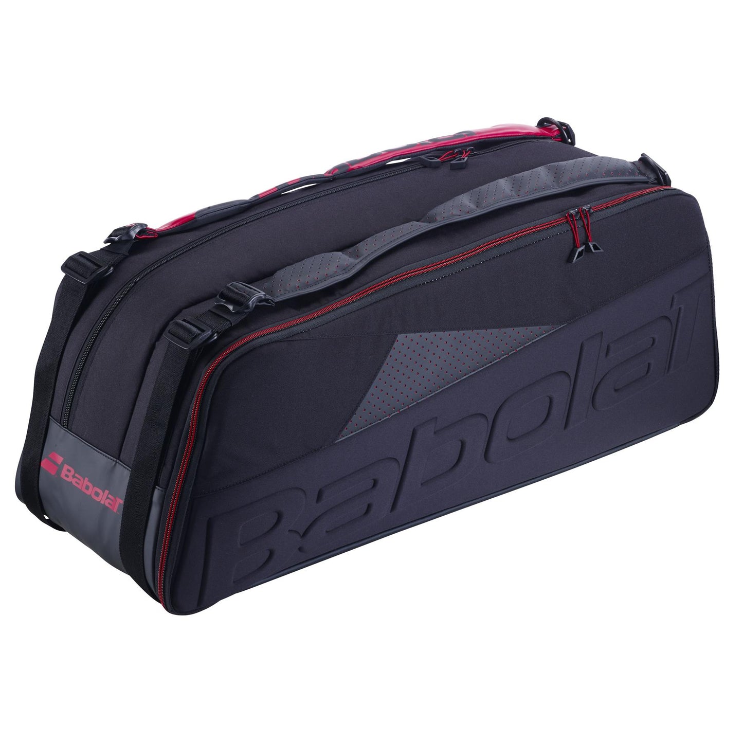 The Babolat Cross Pro Badminton Bag in black and red offers multiple compartments and zippers, making it perfect for carrying tennis or badminton rackets and accessories.